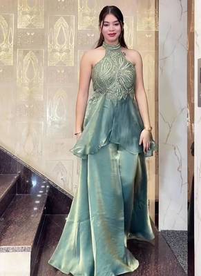 Sea green fendy satin beads work embroidered top & bottom set 1