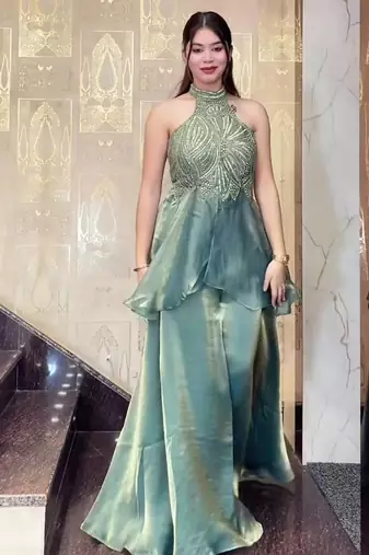 Sea green fendy satin beads work embroidered top & bottom set