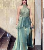 Sea green fendy satin beads work embroidered top & bottom set