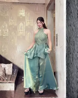 Sea green fendy satin beads work embroidered top & bottom set 2