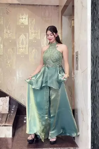 Sea green fendy satin beads work embroidered top & bottom set