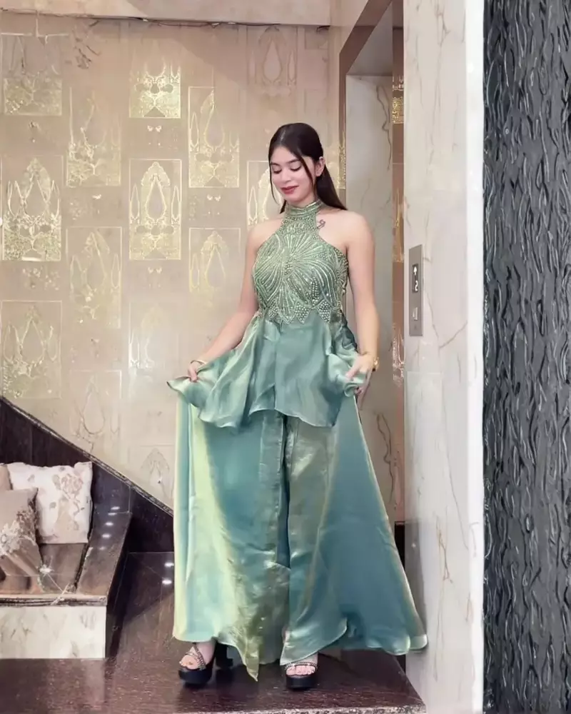 Sea green fendy satin beads work embroidered top & bottom set
