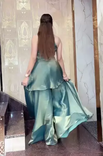 Sea green fendy satin beads work embroidered top & bottom set