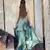 Sea green fendy satin beads work embroidered top & bottom set