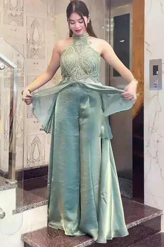 Sea green fendy satin beads work embroidered top & bottom set