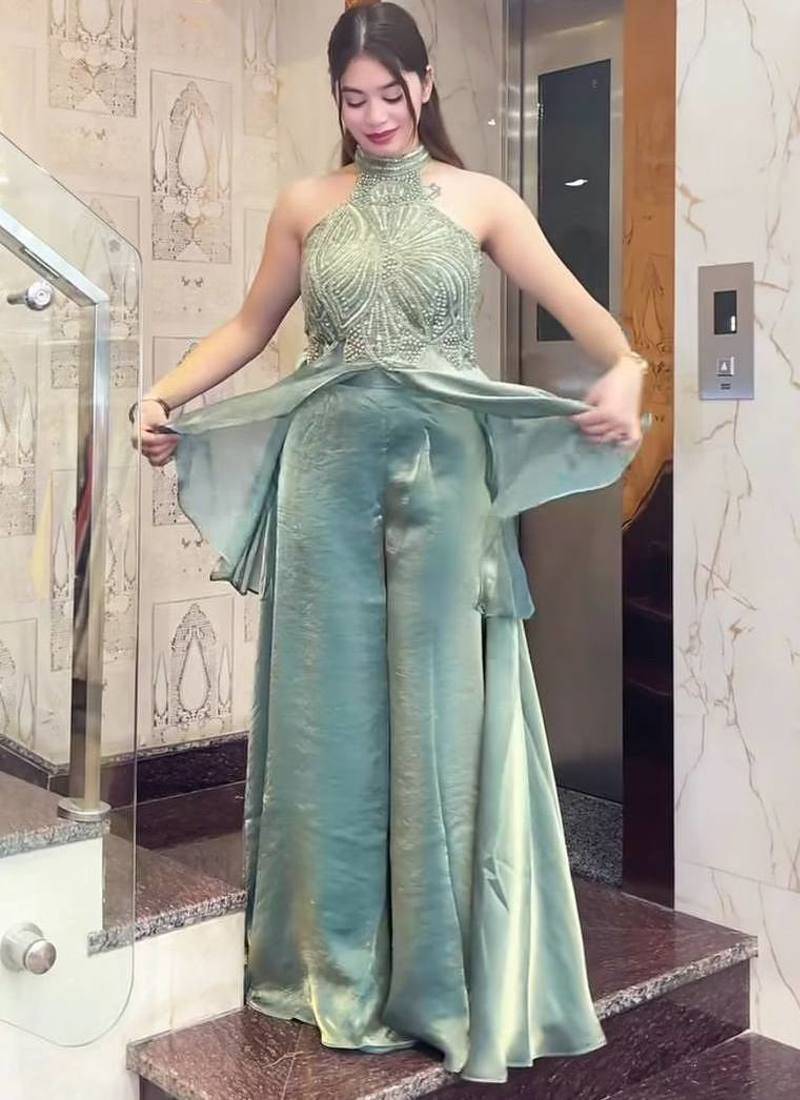Sea green fendy satin beads work embroidered top & bottom set