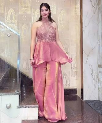 Pink fendy satin beads work embroidered top & bottom set 1
