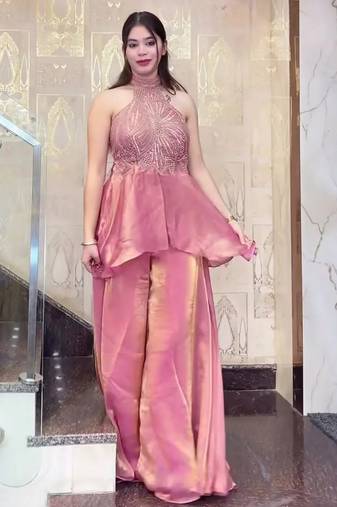 Pink fendy satin beads work embroidered top & bottom set