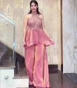 Pink fendy satin beads work embroidered top & bottom set