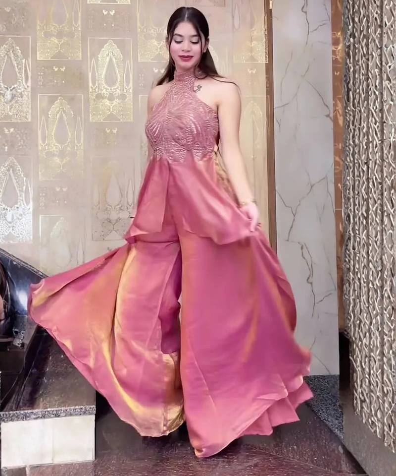 Pink fendy satin beads work embroidered top & bottom set