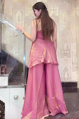 Pink fendy satin beads work embroidered top & bottom set