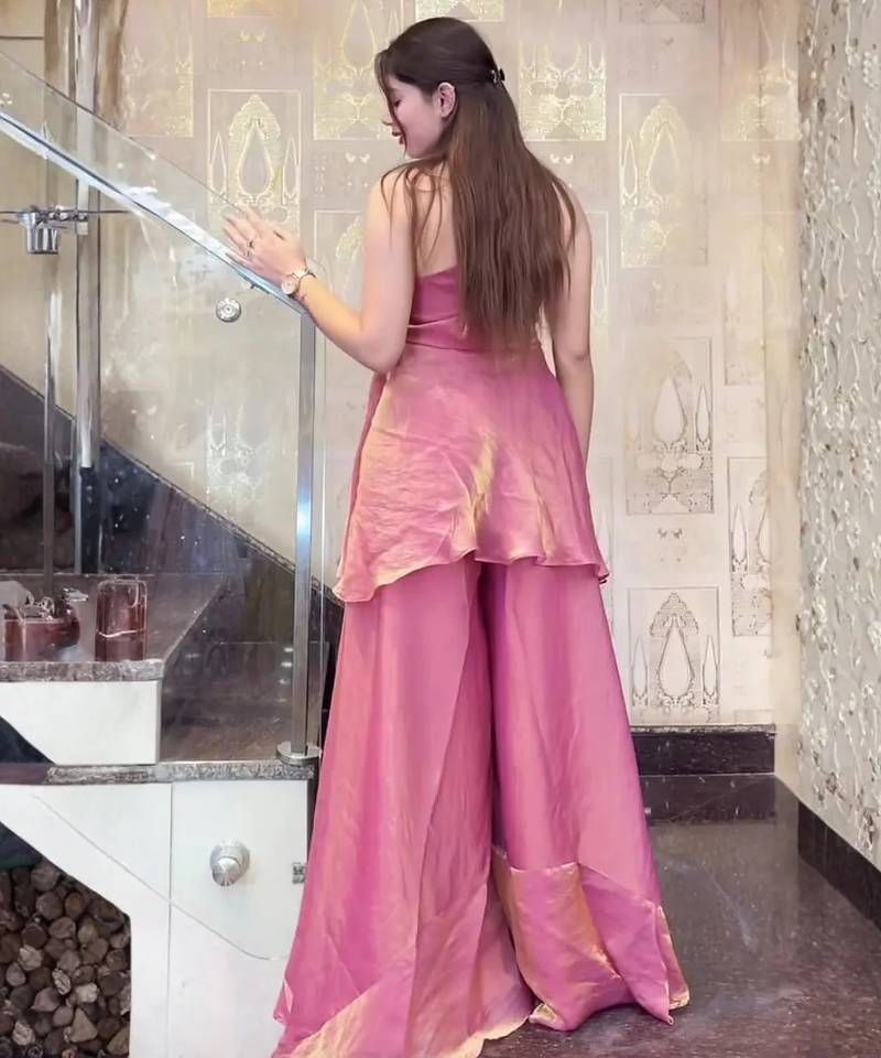 Pink fendy satin beads work embroidered top & bottom set