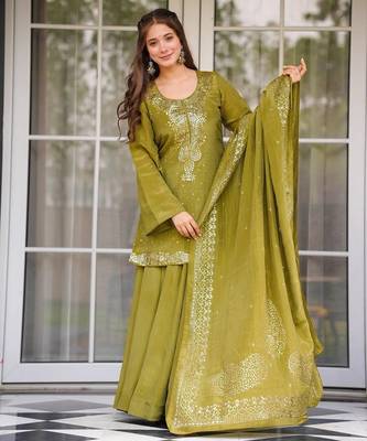 Lemon chinnon foil print kurti palazzo set with dupatta 1