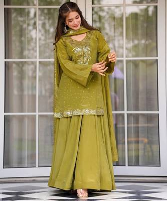 Lemon chinnon foil print kurti palazzo set with dupatta 2