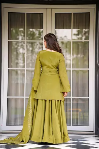 Lemon chinnon foil print kurti palazzo set with dupatta