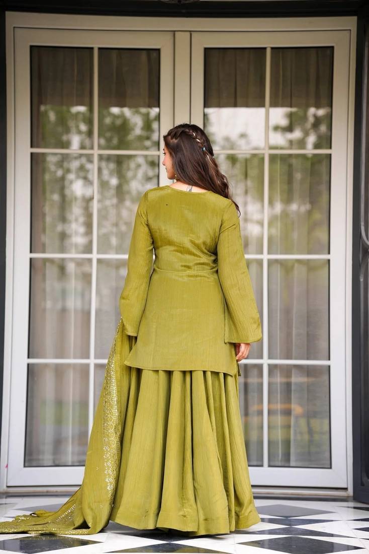 Lemon chinnon foil print kurti palazzo set with dupatta