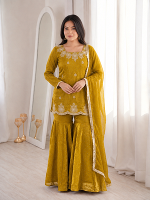 Mustard fendy silk blend kurti sharara set with hot fix dupatta 1