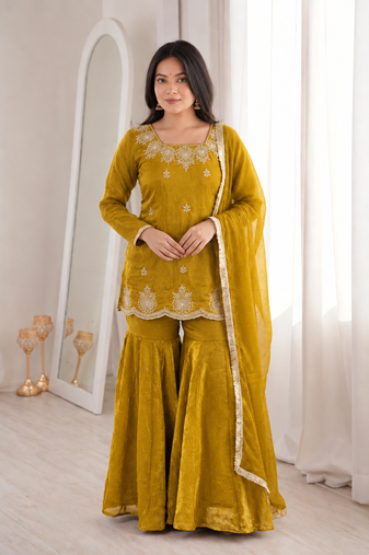 Mustard fendy silk blend kurti sharara set with hot fix dupatta