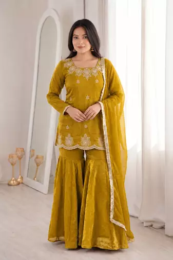 Mustard fendy silk blend kurti sharara set with hot fix dupatta
