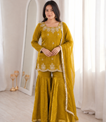 Mustard fendy silk blend kurti sharara set with hot fix dupatta