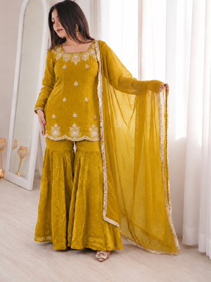 Mustard fendy silk blend kurti sharara set with hot fix dupatta 4