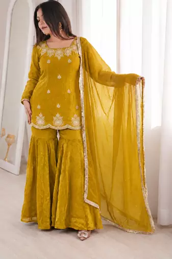 Mustard fendy silk blend kurti sharara set with hot fix dupatta