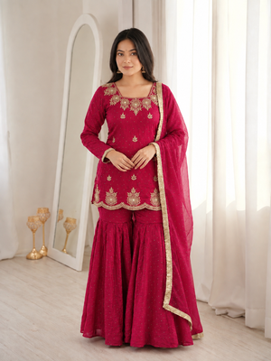Rani pink fendy silk blend kurti sharara set with hot fix dupatta 1