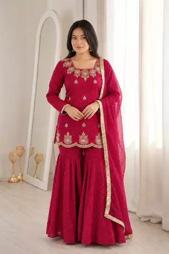 Rani pink fendy silk blend kurti sharara set with hot fix dupatta