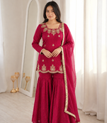 Rani pink fendy silk blend kurti sharara set with hot fix dupatta