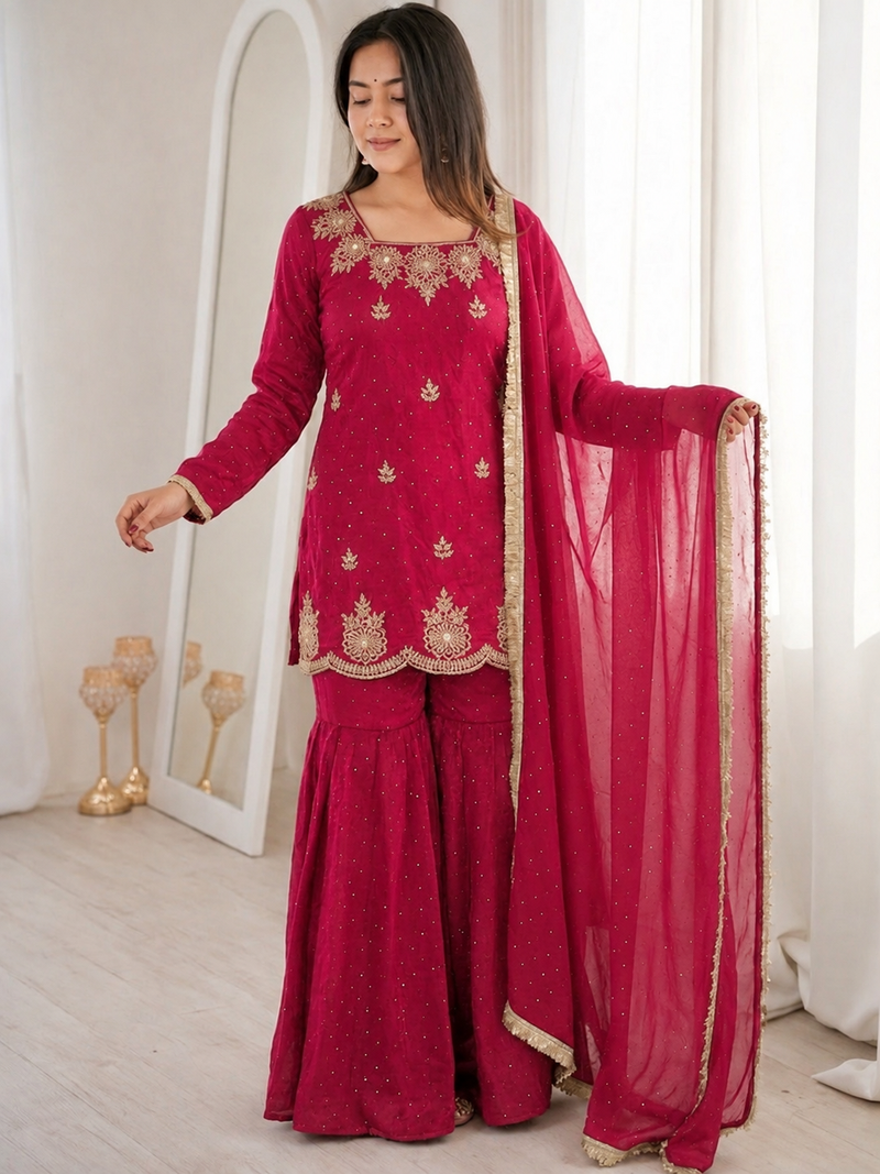 Rani pink fendy silk blend kurti sharara set with hot fix dupatta