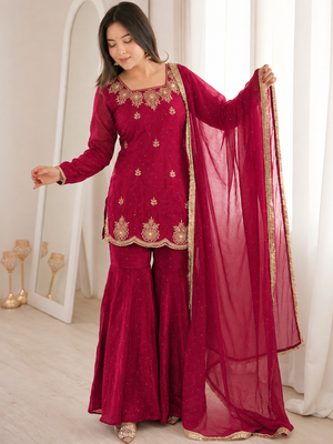 Rani pink fendy silk blend kurti sharara set with hot fix dupatta 3