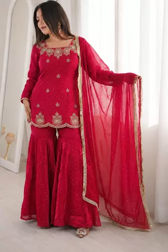Rani pink fendy silk blend kurti sharara set with hot fix dupatta