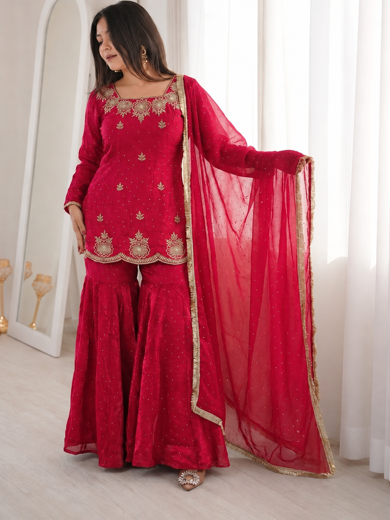 Rani pink fendy silk blend kurti sharara set with hot fix dupatta