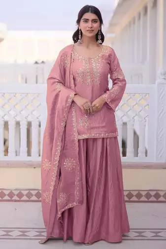 Pink fandy straight kurta palazzo dupatta set