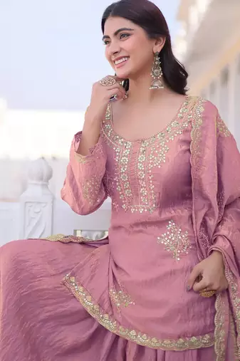 Pink fandy straight kurta palazzo dupatta set