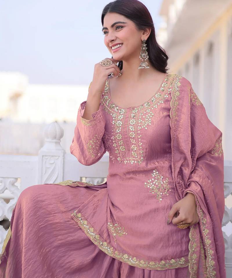 Pink fandy straight kurta palazzo dupatta set