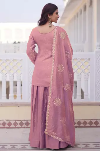 Pink fandy straight kurta palazzo dupatta set
