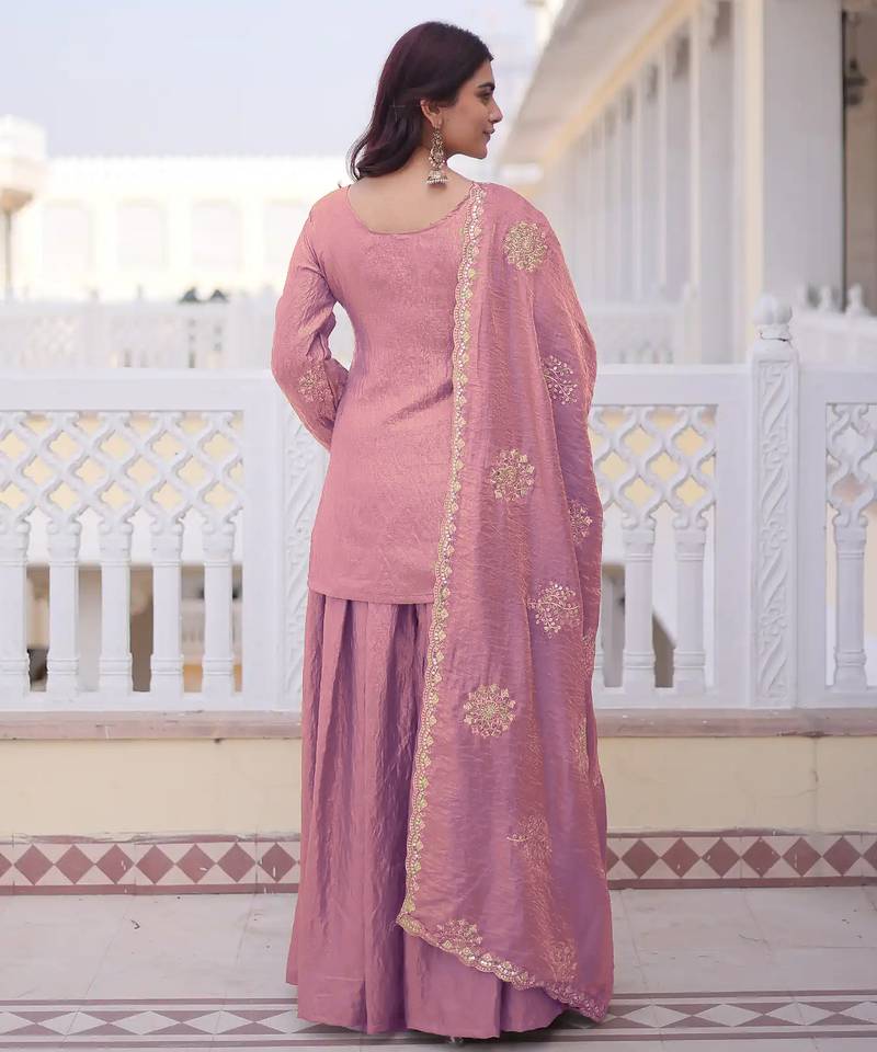 Pink fandy straight kurta palazzo dupatta set