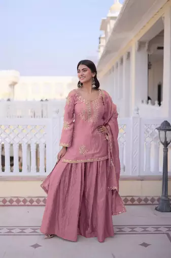 Pink fandy straight kurta palazzo dupatta set
