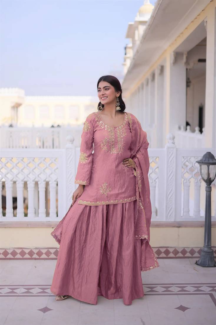Pink fandy straight kurta palazzo dupatta set