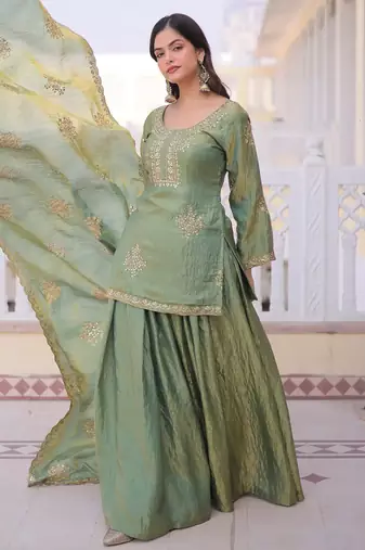 Mehendi fandy straight kurta palazzo dupatta set