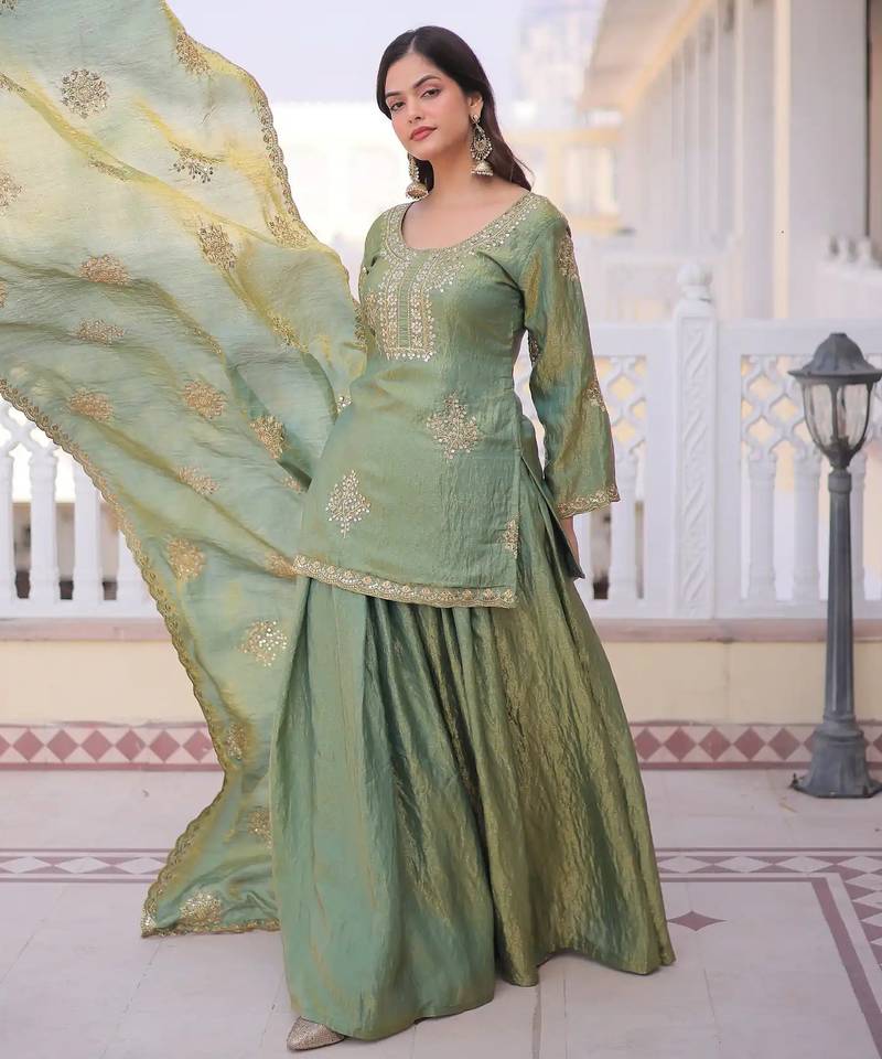 Mehendi fandy straight kurta palazzo dupatta set