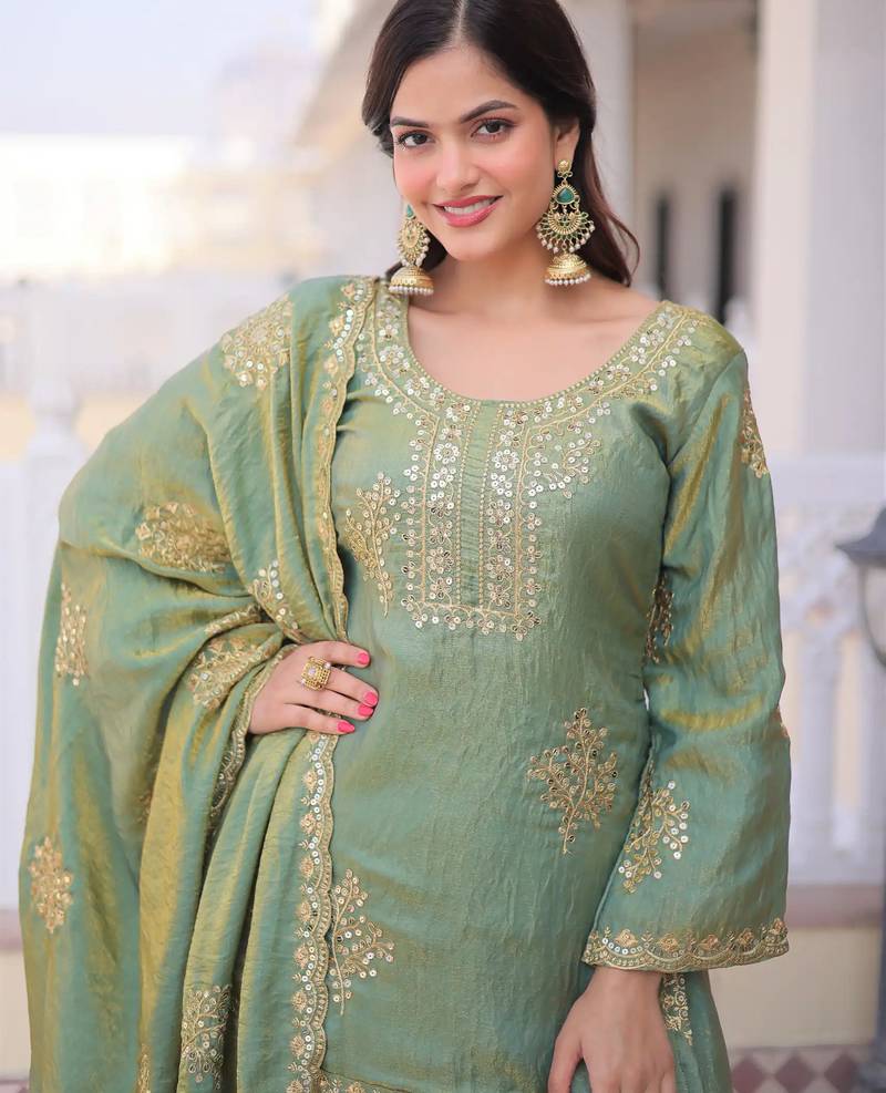 Mehendi fandy straight kurta palazzo dupatta set