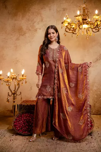 Rust fandy straight kurta palazzo dupatta set
