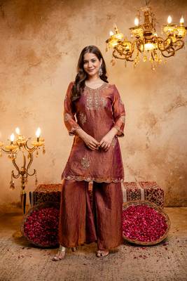 Rust fandy straight kurta palazzo dupatta set 2