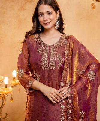 Rust fandy straight kurta palazzo dupatta set 3