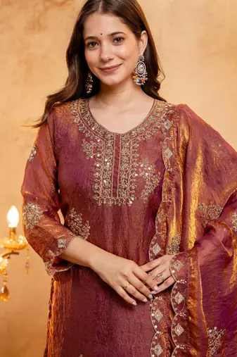 Rust fandy straight kurta palazzo dupatta set