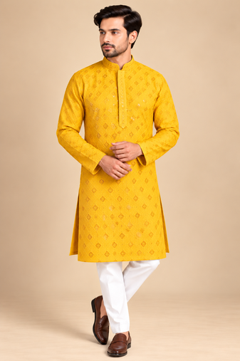 Yellow Heavy Rayon Lakhnavi Sequin Thread Work Ethnic Festive Wear Kurta With Pyjama