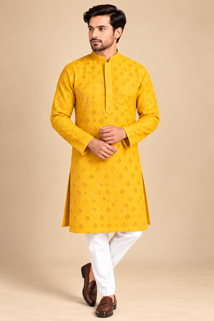 Yellow Heavy Rayon Lakhnavi Sequin Thread Work Ethnic Festive Wear Kurta With Pyjama
