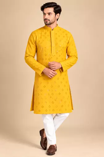 Yellow Heavy Rayon Lakhnavi Sequin Thread Work Ethnic Festive Wear Kurta With Pyjama
